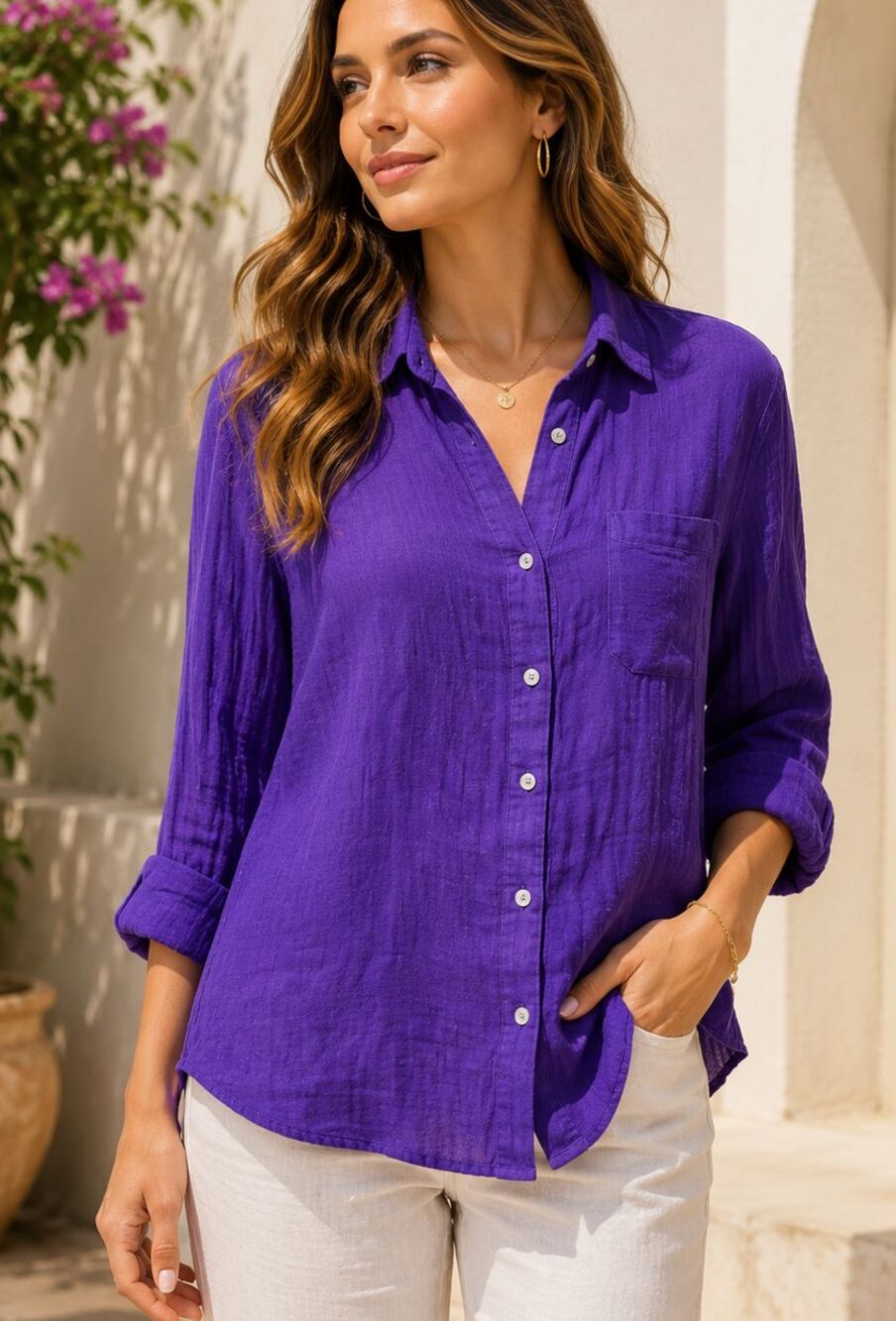 Women’s 100% Linen Button Up Shirt Purple Lightweight Coastal Blouse M